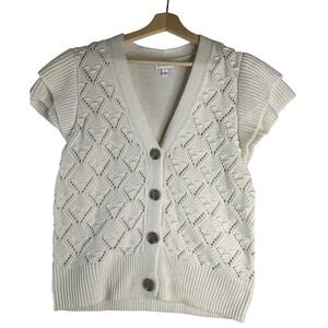 Crochet Crop Cottagecore Cream‎ Flutter Sleeve Button Cardigan Sweater Boho L